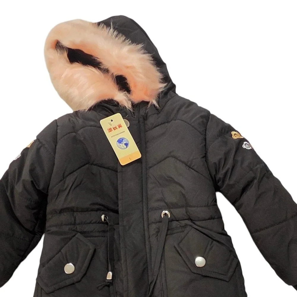 New Girls Black Quilted Puffer Jacket Pink Faux Fur Hood Floral‎ Embroidery 3-4Y